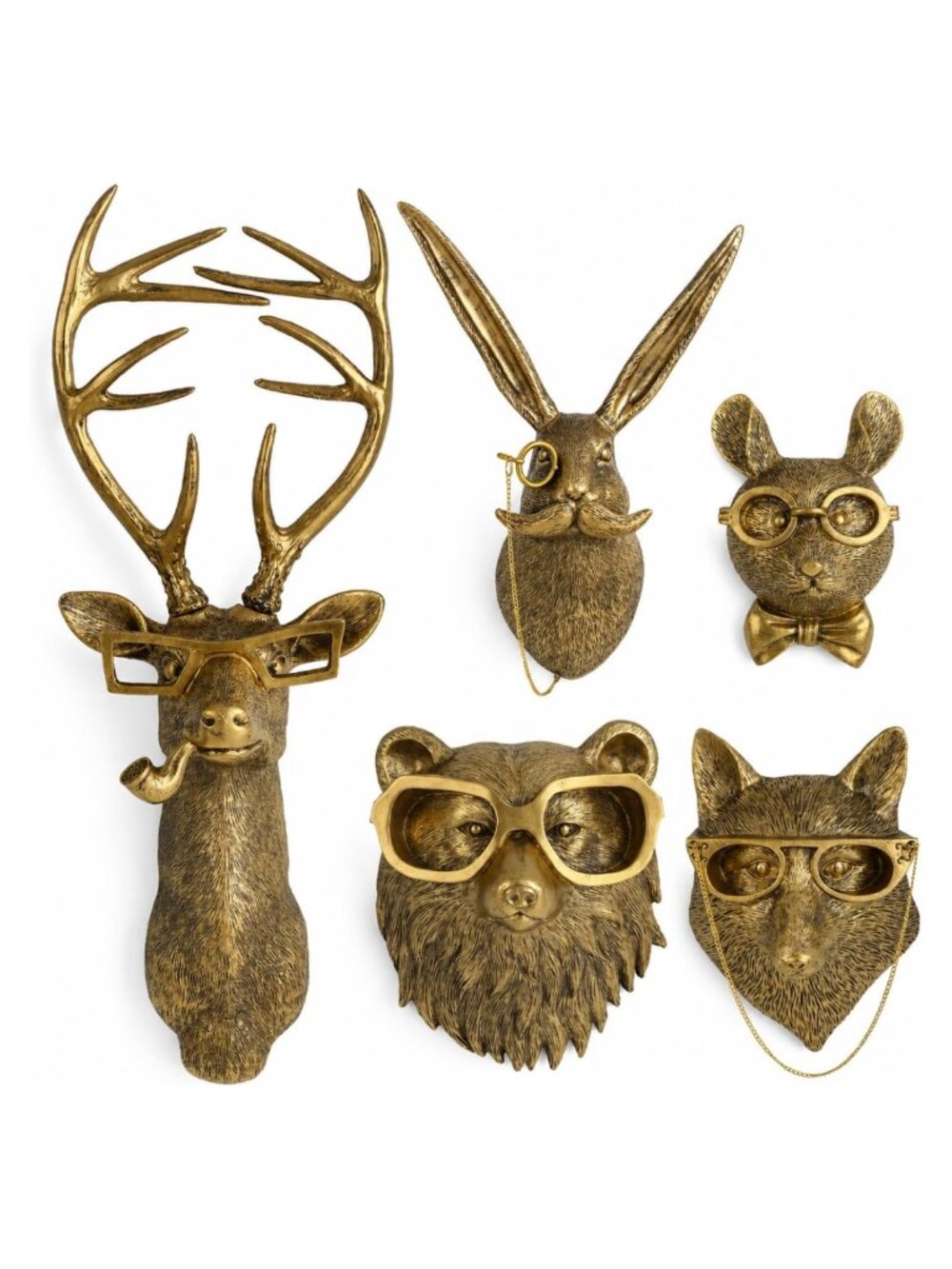 Gold Animal Head Wall Decor Set of 5 - Deer, Rabbit, Mouse, Bear, Fox